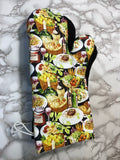 Oven mitts. Food. Pasta and Plates.