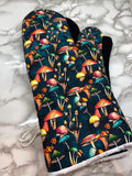 Oven mitts. Food. Mushrooms