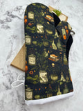 Oven Mitts. Bottles and books.