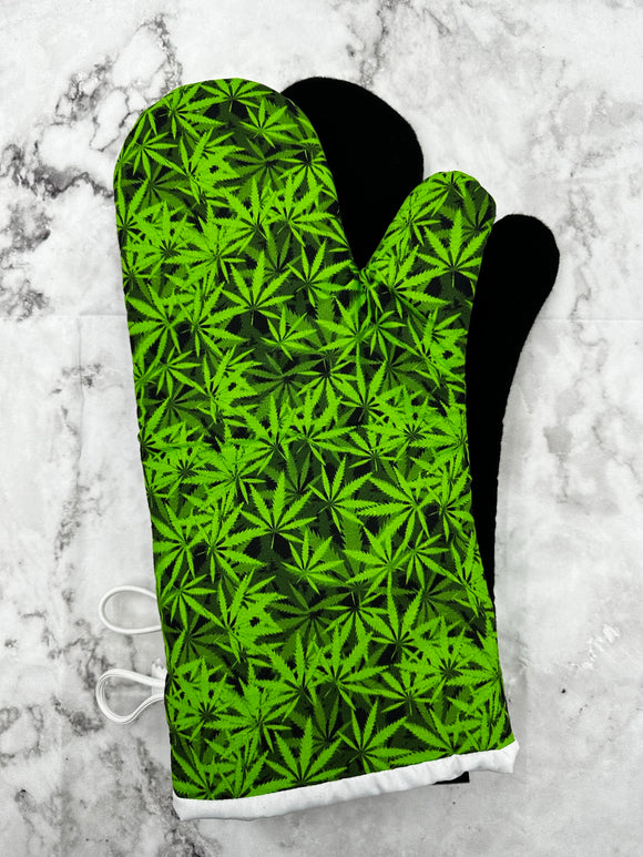 Oven mitts. Flowers. Cannabis