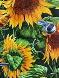 Oven mitts. Flowers. Sunflowers and blue birds.