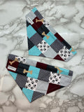 Plaid Dog bandanas. Multi coloured and bones plaid. Small, medium, large, fits ON the collar!