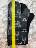 Oven mitts. Food. Wine glasses