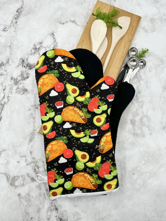 Oven mitts. Food. Tacos and Avocados