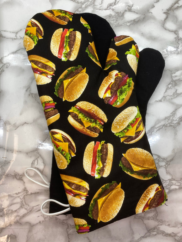 Oven Mitts. Food. Hamburgers.