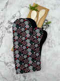 Oven Mitts. Winter. Snowflakes on black.