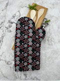 Oven Mitts. Winter. Snowflakes on black.