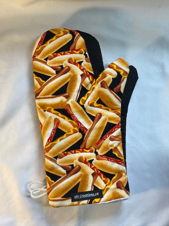 Oven Mitts. Food. Hotdogs.