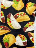 Oven mitts. Food. Tacos. Large print.