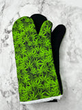 Oven mitts. Flowers. Cannabis