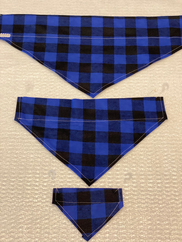 Plaid Dog bandanas. Blue plaid. Small, medium, large, fits ON the collar!