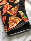 Oven mitts. Food. Pizza!