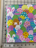 Easter. Dog Bandana. Glitter bunny and eggs. S/M/L, fits ON the collar! (fabric contains glitter that is embedded in the fabric)